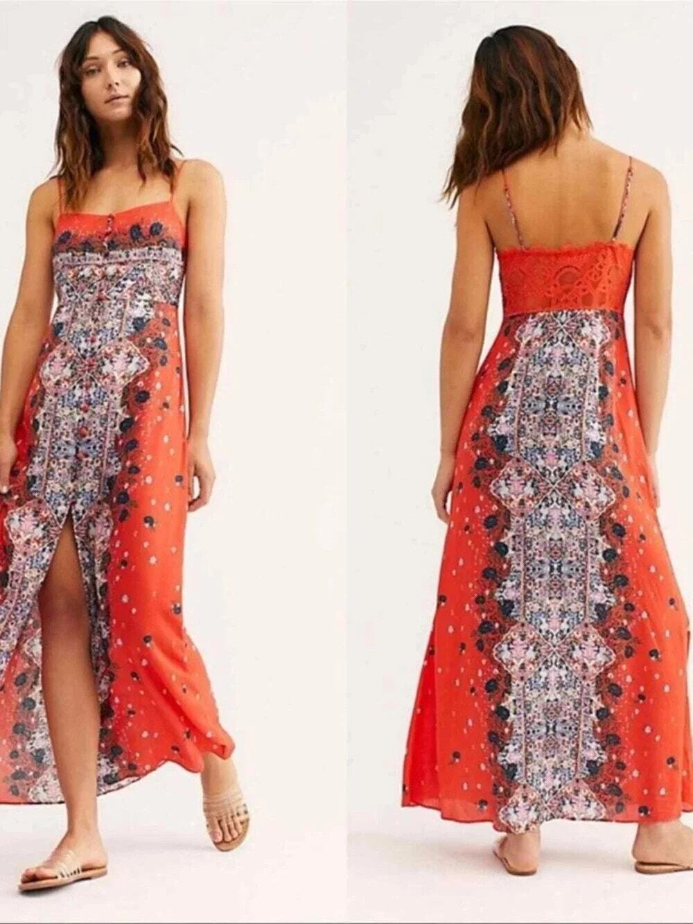 FP Intimately Morning Song Maxi Dress Boho Floral Slit Slip Red Women's Small